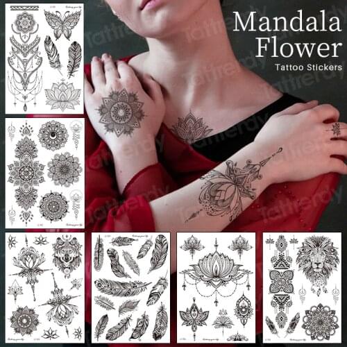 Tattoo henna stickers temporary hand tattoos black henna lace mandala temporary tattoo sticker flower indian arabic back decal