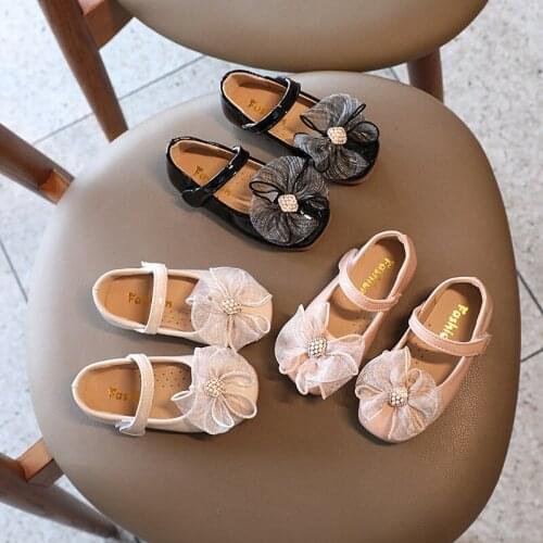 Girls Bow-knot Princess Shoes 2021 Spring New Baby Leather Shoes Autumn Kids Performance Dance Shoes Mesh Sweet for Wedding Chic