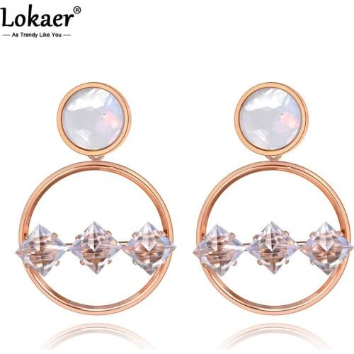 Lokaer Fashion Titanium Stainless Steel Double Circle Shell Earrings For Women Girls Geometric CZ Crystl Party Earrings E20098
