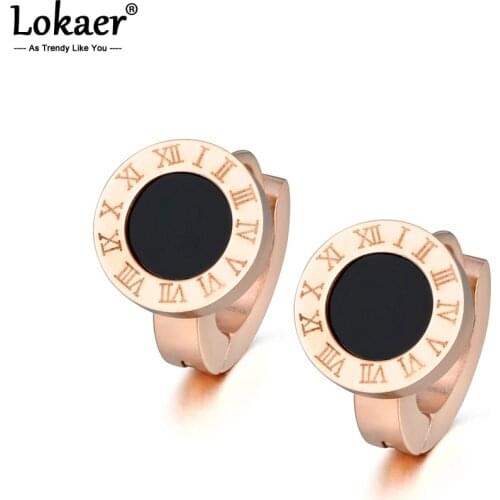 Lokaer Trendy Black Shell Circle Roman Numerals Hoop Earrings For Women Titanium Steel Wedding Earrings Jewelry E18013