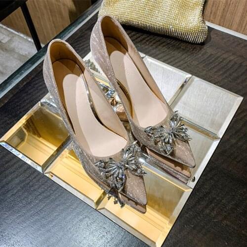2021 Woman Pumps Spring Autumn Ladies Platform 7cm Thin Heels Crystal Shoes Female Pointed Toe Solid Wedding Party