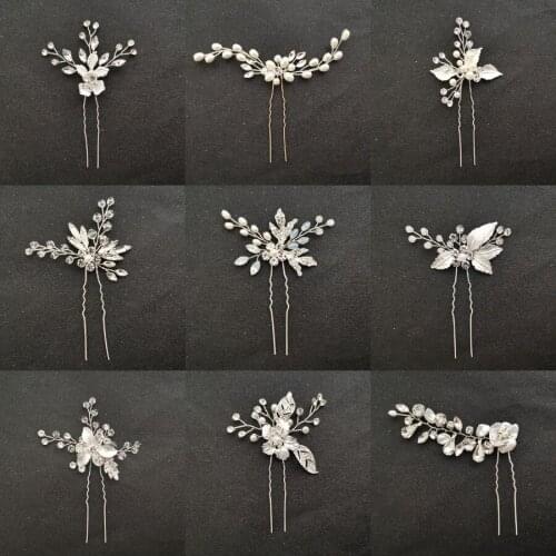 SLBRIDAL Clear Rhinestones Crystal Pearls Flower Wedding Hair Pin Bridal Hair Sticker Hair accessories Bridesmaids Women Jewelry