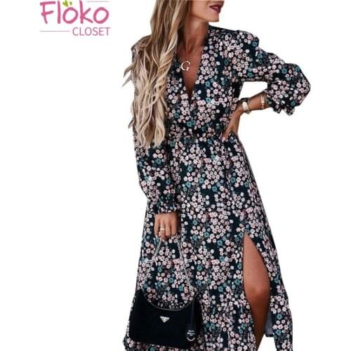 Flokocloset Autumn Print V-Neck Button Split Maxi Dress for Women Elegant Spring Long Sleeve Bohemian Party Long French Dress