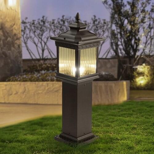 Lantern Garden Post Lamp Waterproof Glass Outdoor E27 Lawn Light Black Aluminum Landscape Lights for Yard Street Outside Path