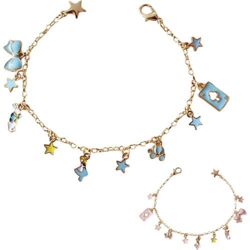 One Piece Blue Pink Enamel Butterfly Star Poker Card Color Rabbit Alice In Wonderland Gold Charms Bracelet For Women Girls Lady