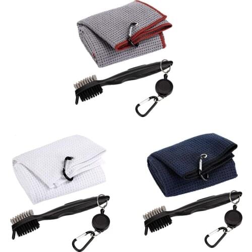 Pure Cotton Golf Towel Brush Tool Kit with Club Groove Cleaner Retractable Extension Cord and Clip