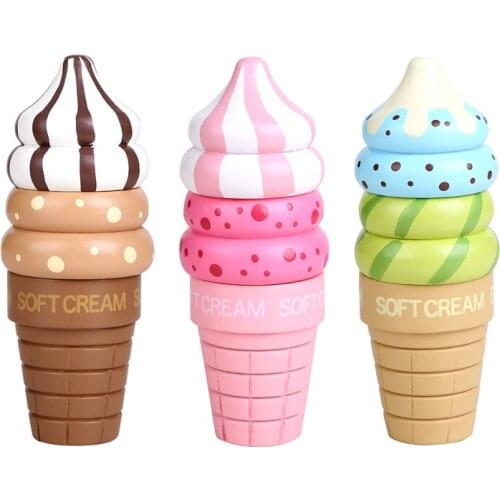 Wooden Magnetic Connected Ice Cream Play House Kitchen Toy Pretend Role Play Game Home Decor Chocolate Strawberry Vanilla