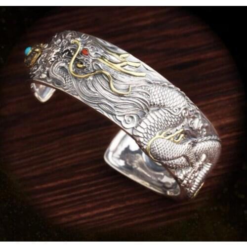 Mens Domineering Chinese Dragon Carved Wide Metal Open Bracelet Bangles Retro Punk Ethnic Style Party Biker Jewelry