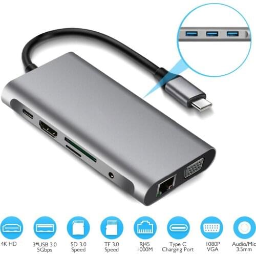 Type-C to RJ45 Gigabit Lan Ethernet HDMI VGA Adapter SD TF Card Reader USB-C USB 3.0 Audio for MacBook Samsung Huawei TV