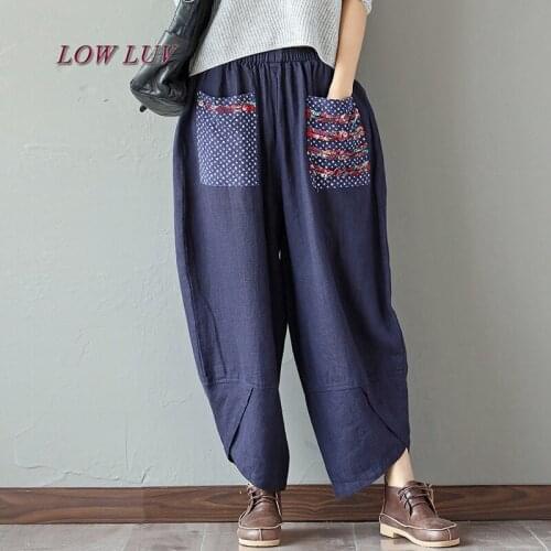 Large size cotton national wind flower pants long pants loose straight jeans pantyhose mother dress bloomers female thin section