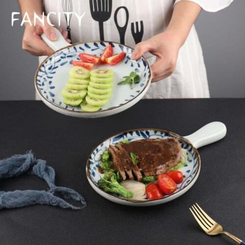 FANCITY Japanese-style ceramic baking tray creative with handle oven baked baked rice baking tray household dish plate dinner pl