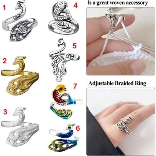 Retro Ethnic Style Three-dimensional Peacock Koi Open Ring Animal Jewelry Adjustable Animal Ring Knitting Yarn Crochet Crafts