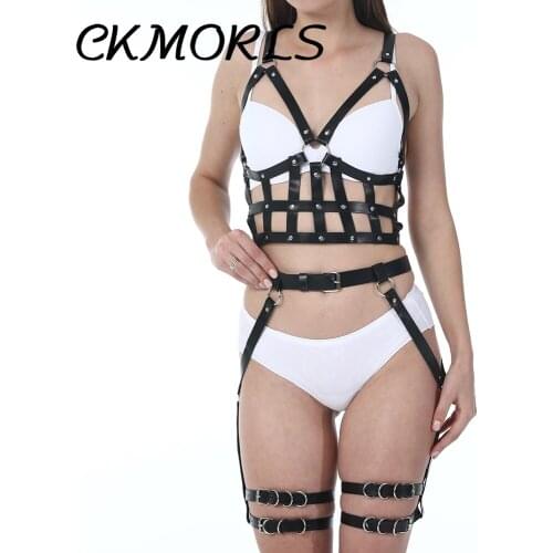 CKMORLS Sexy Women Waist To Leg Bondage Cage Leather Harness Underwear 2 Pcs Set Body Straps Garter Belts Suspender Lingerie