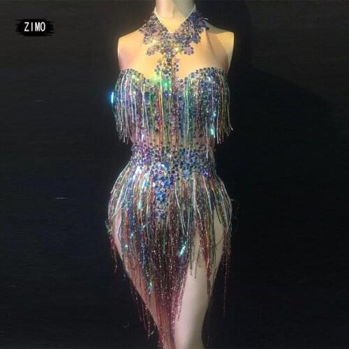 Colorful Fringes Rhinestones Bodysuit Women Stage Dance Costume party Nightclub stage Dance Female Singer Show Bright Leotard