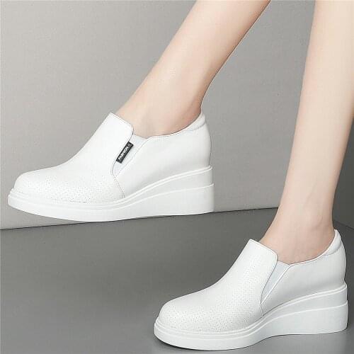 Fashion Sneakers Women Breathable Genuine Leather Wedges High Heel Ankle Boots Female Slip On Platform Oxfords Shoe Casual Shoes