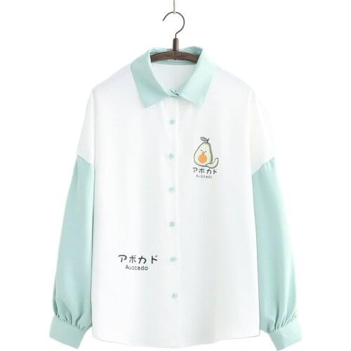 Kawaii Sweet Graphic Avocado Blouse Women Autumn Long Sleeve Turndown Collar Green Shirts Korean Harakuju Cute Shirts Girls Top