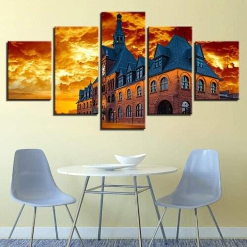 Wall Art Print Pictures 5 Panel Retro Architecture Big Clock Tower Landscape Modern Canvas Paintings Modular Poster Home Decor