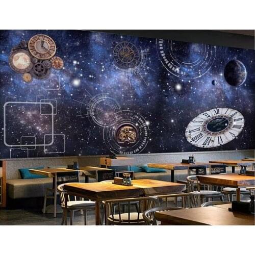 CJSIR Custom Wallpaper Mural Blue Cosmic Starry Sky Clock Gear Bar Coffee Shop Background Wall Papers Home Decor Wallpaper
