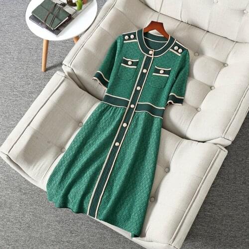 New European and American womens dresses for spring 2020 5 minutes of sleeve Bright silk knitting Fashionable button dress