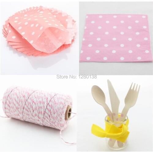 Disposable tableware Pink Wooden Utensil Bags Party Favor Paper Napkins Cotton Bakers Twine for Wedding Party Table Setting