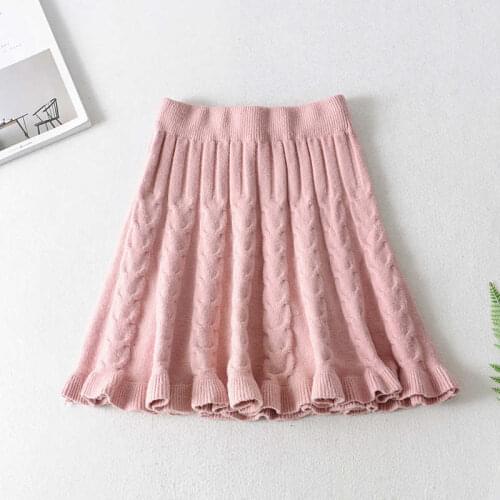 Autumn Winter A-Line Thick Short Knitted Skirt Women Sweet Pleated Mini Skirt Female Elegant Pink High Waist Sweater Skirt C7637
