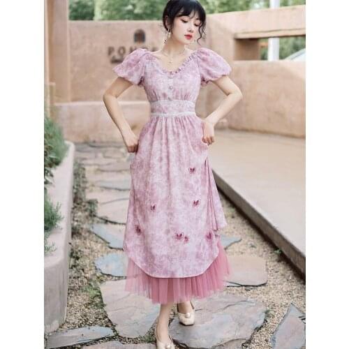 French Retro Fairy Slim V-neck Palace Wind Floral Chiffon Dress Mesh Stitching Puff Sleeve Elegant Party Club Maxi Dress Summer