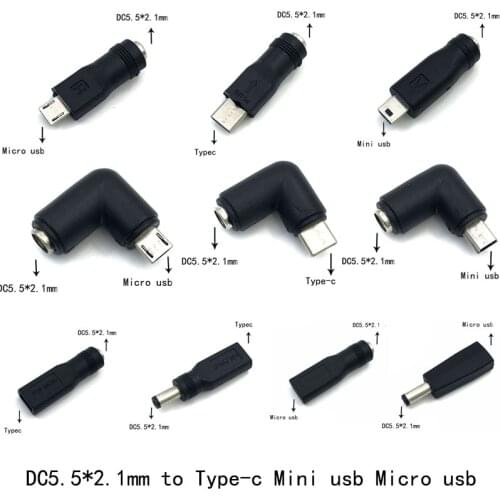 5V DC 5.5 * 2.1 mm Power Jack USB Type C USB-C Type-c 5.5mm *2.1mm Mini USB Right & Micro USB DC Power Connector Adapter 1pcs