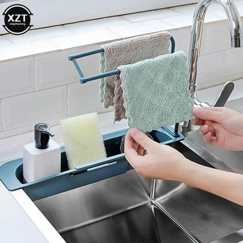 Adjustable Sink Shelf Kitchen Self Draining Rack Soap Sponge Storage Basket Holder Rag Towel Bar Household Supplies Holder
