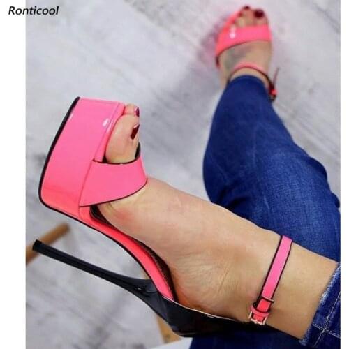 Ronticool Handmade Women Platform Sandals Ankle Strap Patent Leather Stiletto Heel Open Toe Gorgeous Party Shoes US Size 5-20