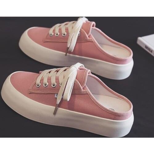 Summer 2021 New Thick Soled Half Towing Cream Shoes Beige Pink Casual Shoes for Girls Students Slippers Canvas Shoes Slip On