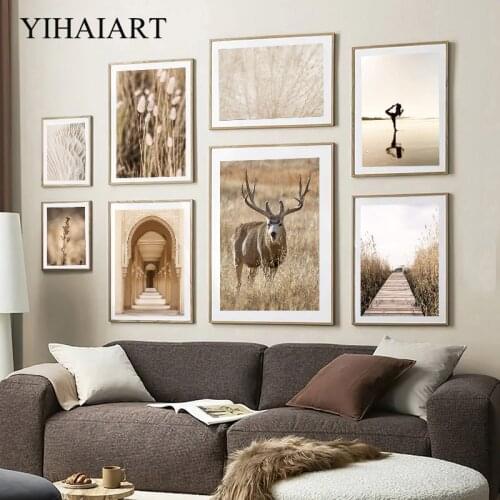Scandinavian Art Print Nature Autumn Landscape Canvas Poster Grass Deer Bridge Wall Painting Modern Home Home Decoration Picture