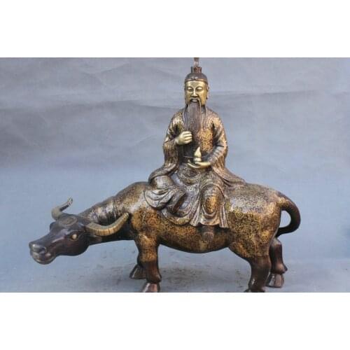 25" Chinese Taoism Bronze Copper Sculpture Laozi Lao-tzu Ride Bull Ox Statue