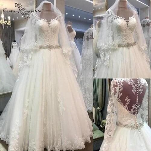 Vestido De Noiva Ball Gown Lace Wedding Dresses Long Sleeves Crystal Belt O-Neck Luxury Bride Dress Bridal Gowns Robe De Mariee