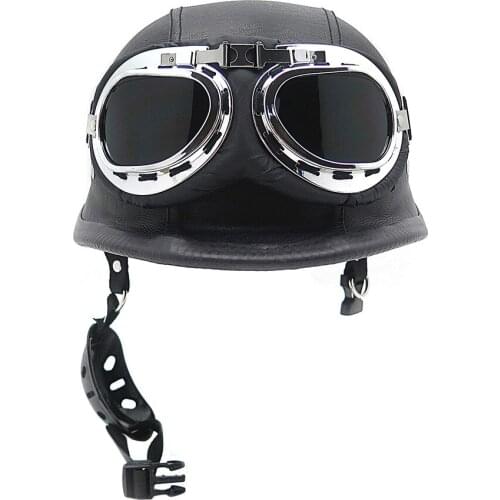 Aftermarket DOT German Black Leather Motorcycle Half Face Helmet Biker Pilot Goggles XL