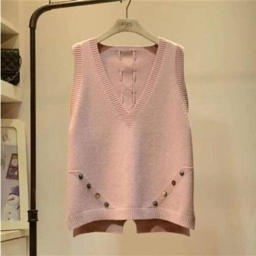 2021 Autumn Winter Solid Knitted Sweater Vest Women Vintage All match Korean vest Jumper woman Button Sleeveless v-neck Pullover