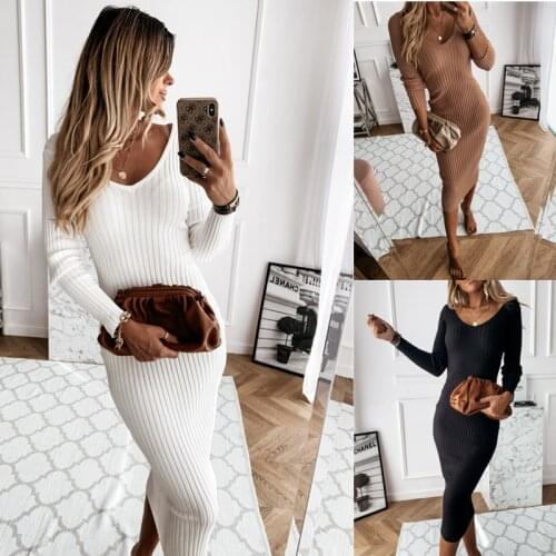 Womens Female Elegant Long Dress Solid Color V-Neck Long Sleeve One-Piece Slim Knitted Dress for Ladies Fashion Party Meeting