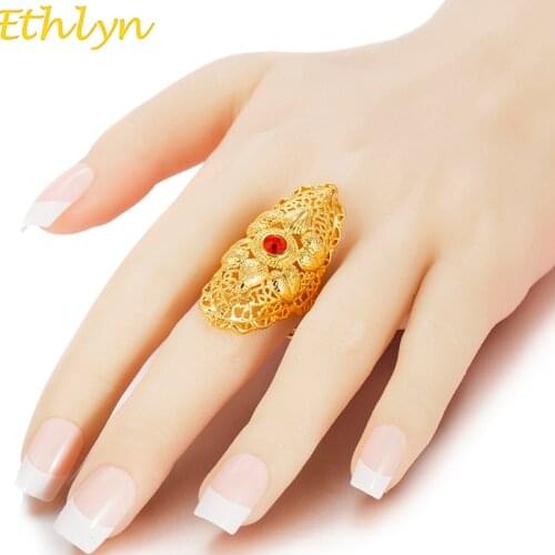 Ethlyn New Ethiopian Red Stone Wedding Ring for Women Gold Color Ring Eritrea Africa Fashion Ring Middle East Jewelry R73