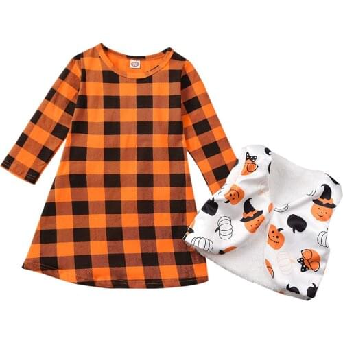 2021 Kids Baby Girl Clothings Halloween Outfit Plaid O-Neck Long Sleeves Dress+Cartoon Pumpkin Waistcoat Costume 2pcs Set