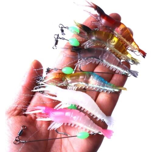 6Pcs/lot Soft Shrimp Fishing Lures With Glow Hook Luminous Shrimp Bait 8cm 5.3g Fly Fishing Lead Carp Pesca Tackle