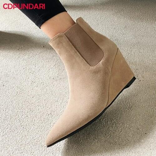 Sexy Genuine Leather Wedges Ankle Boots Women Autumn Winter Stealth High Heels Boots Shoes Black Bottines Femme Botines Mujer