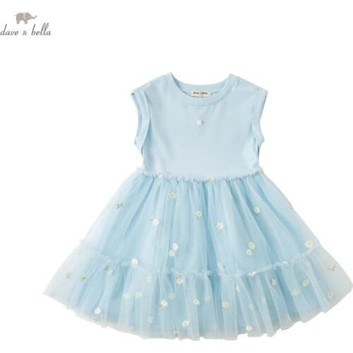 DKD18064 dave bella summer girls 5Y-13Y fashion cartoon solid draped dress children sweet dress kids infant lolita clothes