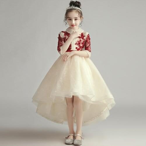 Flower Girl Dress Illusion O-Neck Sequined Appliques Embroidery Half Princess Knee-Length Tulle Lace Luxury Kids Party Gown H369