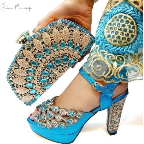 Italain Design 2020 Summer Shoes and Bag Set in Sky Blue Color High Quality Rhinestone Style Ladies Shoes Matching Bag for Party