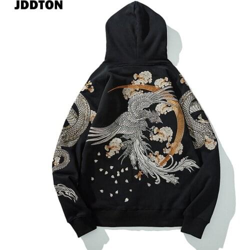 JDDTON Winter Mens Women Dragon Suzaku Embroidery Hoodies Casual Thick Long Sleeve Sweatshirt Hooded Coat Warm Streetwear JE495