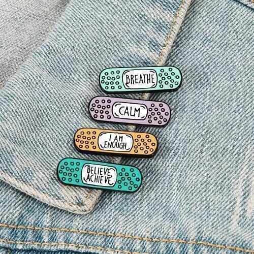 Cute Colorful Band-aid Enamel Pin CALM BREATHE Energy Brooch Badges On Backpack Denim Shirt Lapel Pins Brooches for Friends Kids