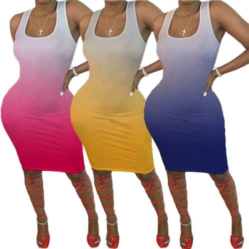 Fashion Women Spaghetti Strap Bodycon Gradient Rainbow Stripe Print Midi Dress