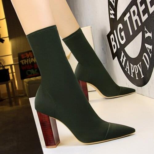 Fashion simple wood with thick with high heel tip elastic sexy nightclub show thin short boots