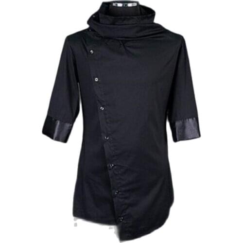 Men personality asymmetric design black shirts nightclub stage costume mens japanese style blusas slim fit clothes streetwear
