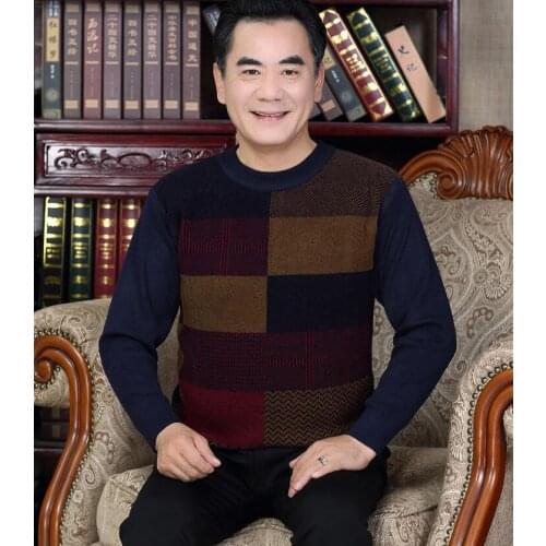 Mens Striped Simple Soft Pullover Male long sleeved sweater with middle-aged male warm