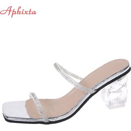 Aphixta New Summer Women Mules Design Slippers Sandal Slides Cryatals 8cm Transparent Fretwork Heels Shoes Female Big Size 44 45